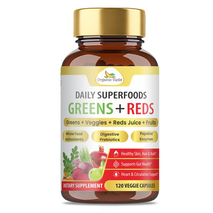 Organic Veda Super Greens & Reds Capsules - Organic Superfoods, Daily Greens, Red Juice, Fruits & Vegetables Supplement - Papaya Enzymes, Digestive Herbs, Bromelain, Antioxidants - 120 Veggie Capsules Organic VedaBuy Supplements Australia