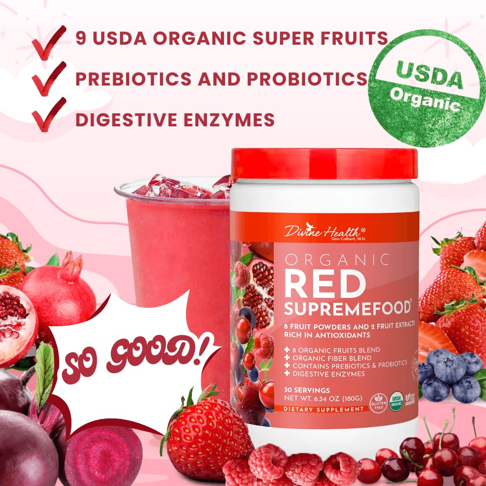 Dr. Colbert, MD Organic Red Supremefood | Berry Flavored Blend | by Divine Health | 10 Organic Fruits | Probiotics | Enzymes | Herbs | Fiber | Antioxidants | Non-GMO | 30 Day Supply | 180g Divine HealthBuy Supplements Australia