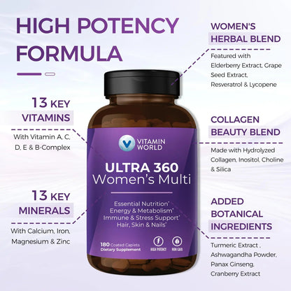 Vitamin World Ultra 360 Multivitamin for Women, Women's Multivitamin with Herbs & Collagen for Hair, Skin & Nails, Supplement with Iron, Vitamin A, B, C, D, E Vitamin World