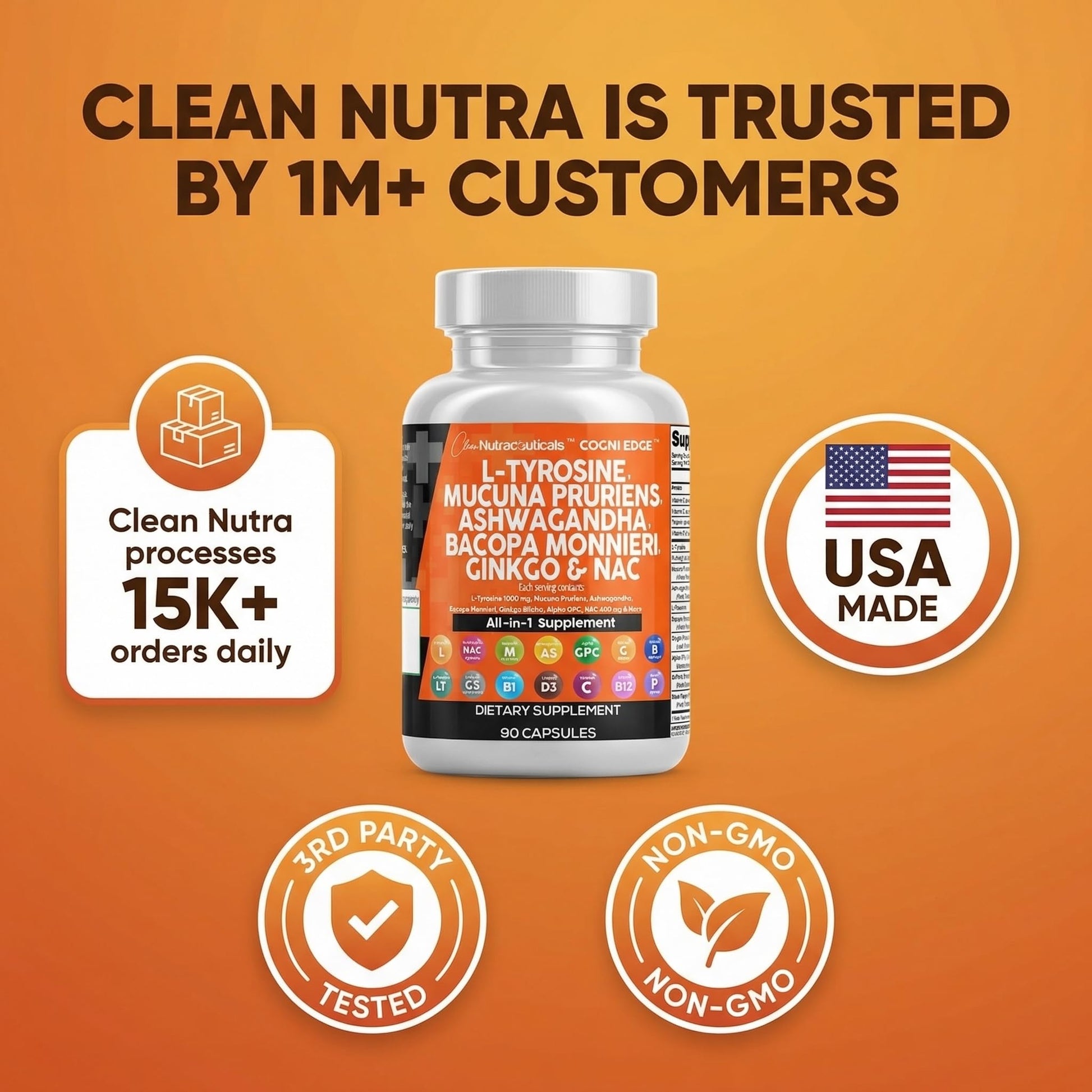 Clean Nutraceuticals L Tyrosine Mucuna Pruriens Bacopa Monnieri Ashwagandha Focus Supplement w/N-Acetyl Cysteine NAC 5-HTP Ginkgo Biloba Alpha GPC Vitamin C D B1 B12 Clean NutraceuticalsBuy Supplements Australia