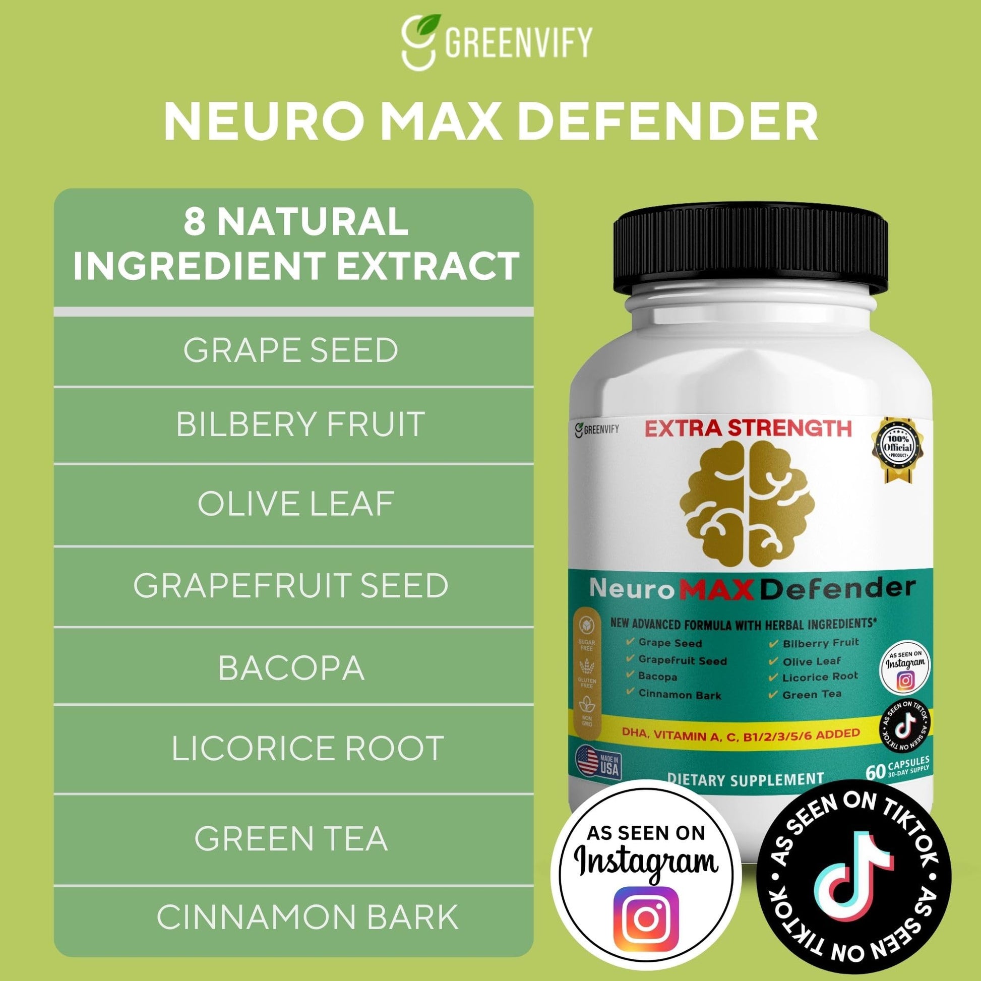 GREENVIFY NeuroMAX Defender Extra Strength Brain Support Supplement with Herbal Blend, 60 Capsules, DHA, B12, Vitamins A C D E, Selenium, 30-Day Supply (1) GREENVIFYBuy Supplements Australia