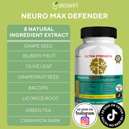 GREENVIFY NeuroMAX Defender Extra Strength Brain Support Supplement with Herbal Blend, 60 Capsules, DHA, B12, Vitamins A C D E, Selenium, 30-Day Supply (1) GREENVIFYBuy Supplements Australia