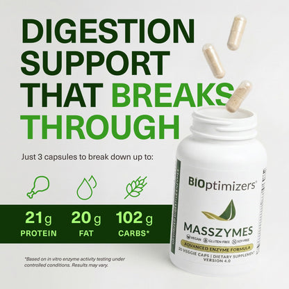 BIOptimizers MassZymes - Complete Digestive Enzymes Supplement for Gut Health - Bloating Relief for Men and Women - Lipase Amylase Bromelain Digestive Enzymes (30 Capsules)