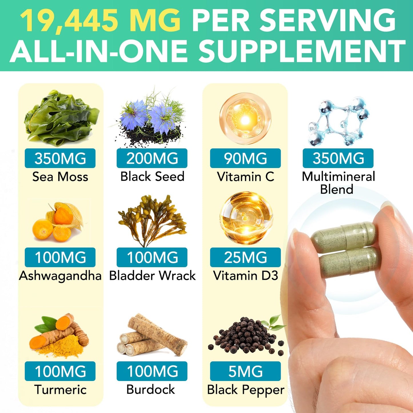 Sea Moss Black Seed Oil Ashwagandha Ginger Capsules, Seamoss Capsules Supplement with Bladderwrack Burdock & Vitamin C Vitamin D3 for Women & Men-Enhanced Immunity,60 Counts VceeoyBuy Supplements Australia