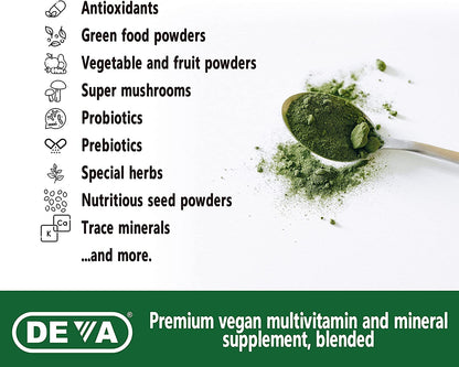 DEVA Tuba Prime Vegan Multivitamin Iron-Free High-Potency Vitamin & Mineral Dietary Supplement Antioxidants, Fruit & Veg Blend, Super Mushrooms, Probiotics, Prebiotics, Seeds, Herbs 90 Tabs 2-Pack DEVABuy Supplements Australia