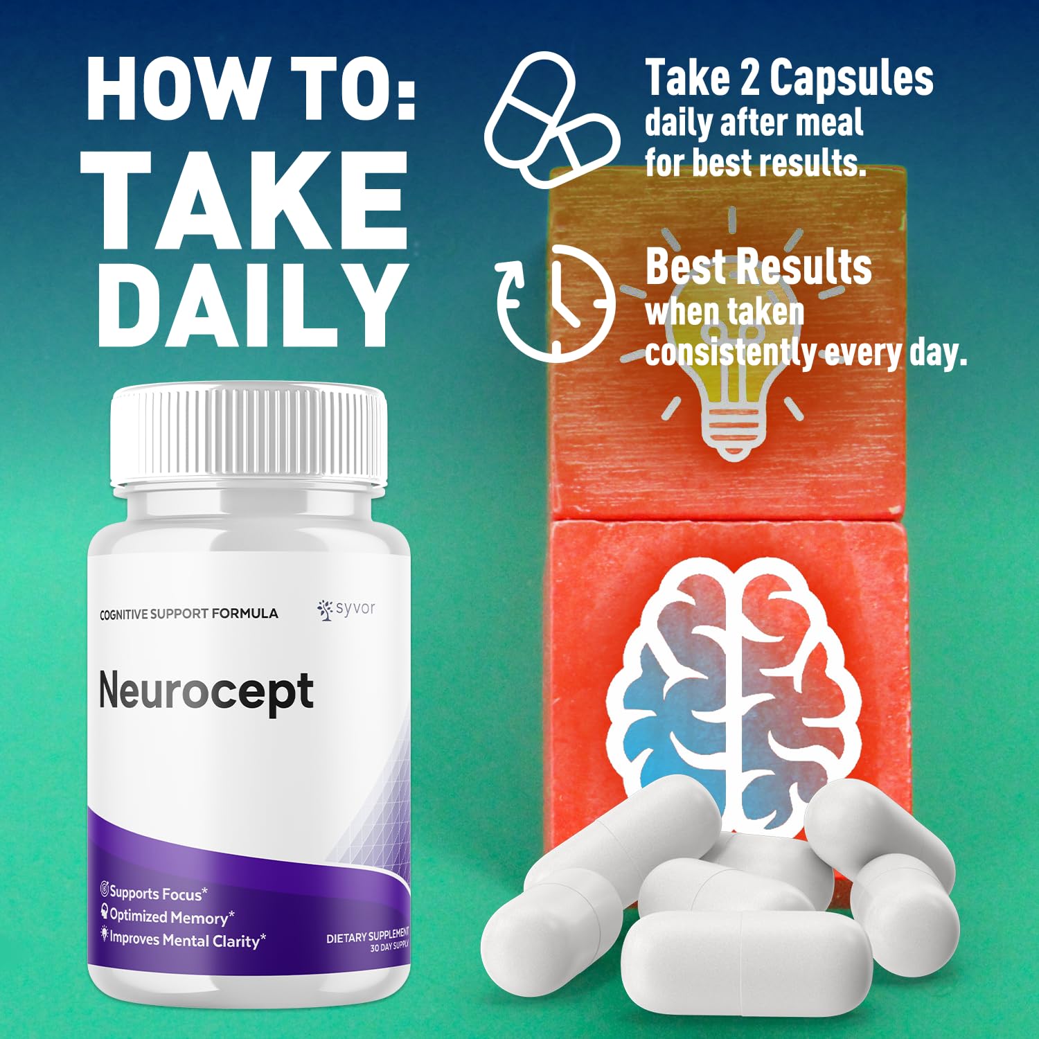 Neurocept Capsules, Official Neurocept Brain Supplement Pills with All Natural Ingredients, Advanced Formula Support Pills with Maximum Strength Premium Vitamins for Women and Men (60 Capsules) SyvorBuy Supplements Australia