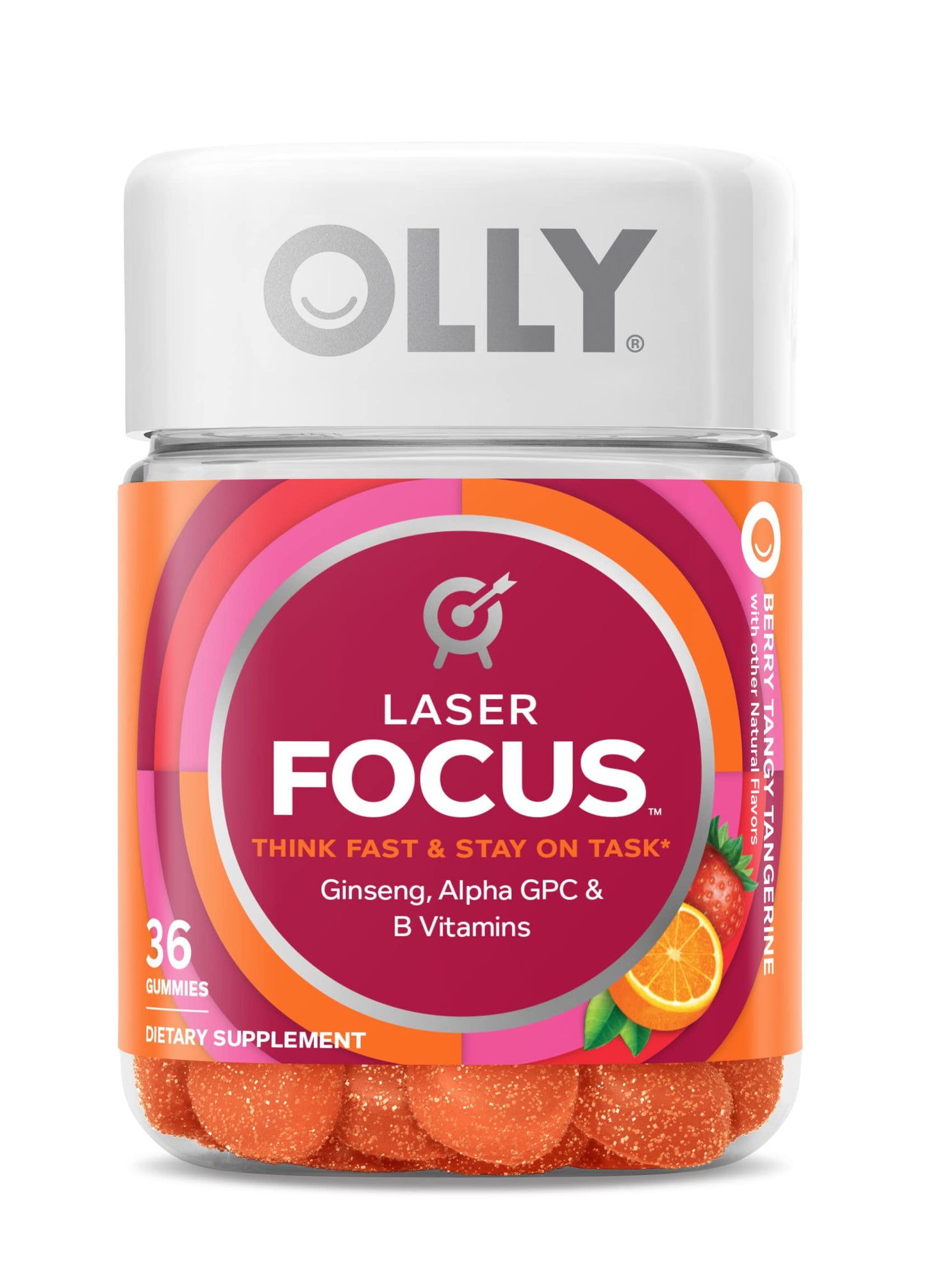 OLLY Laser Focus Gummy, Ginseng, Alpha GPC, B Vitamins, Berry Tangerine Flavor 