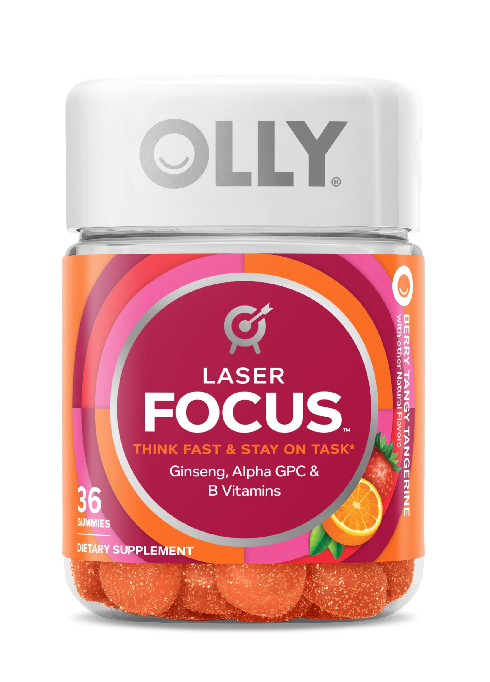 OLLY Laser Focus Gummy, Ginseng, Alpha GPC, B Vitamins, Berry Tangerine Flavor 