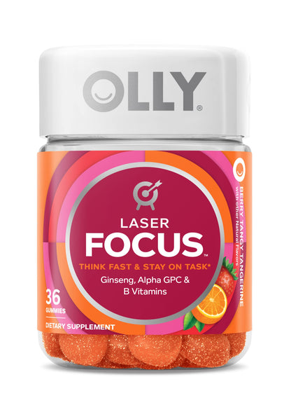 OLLY Laser Focus Gummy, Ginseng, Alpha GPC, B Vitamins, Berry Tangerine Flavor 