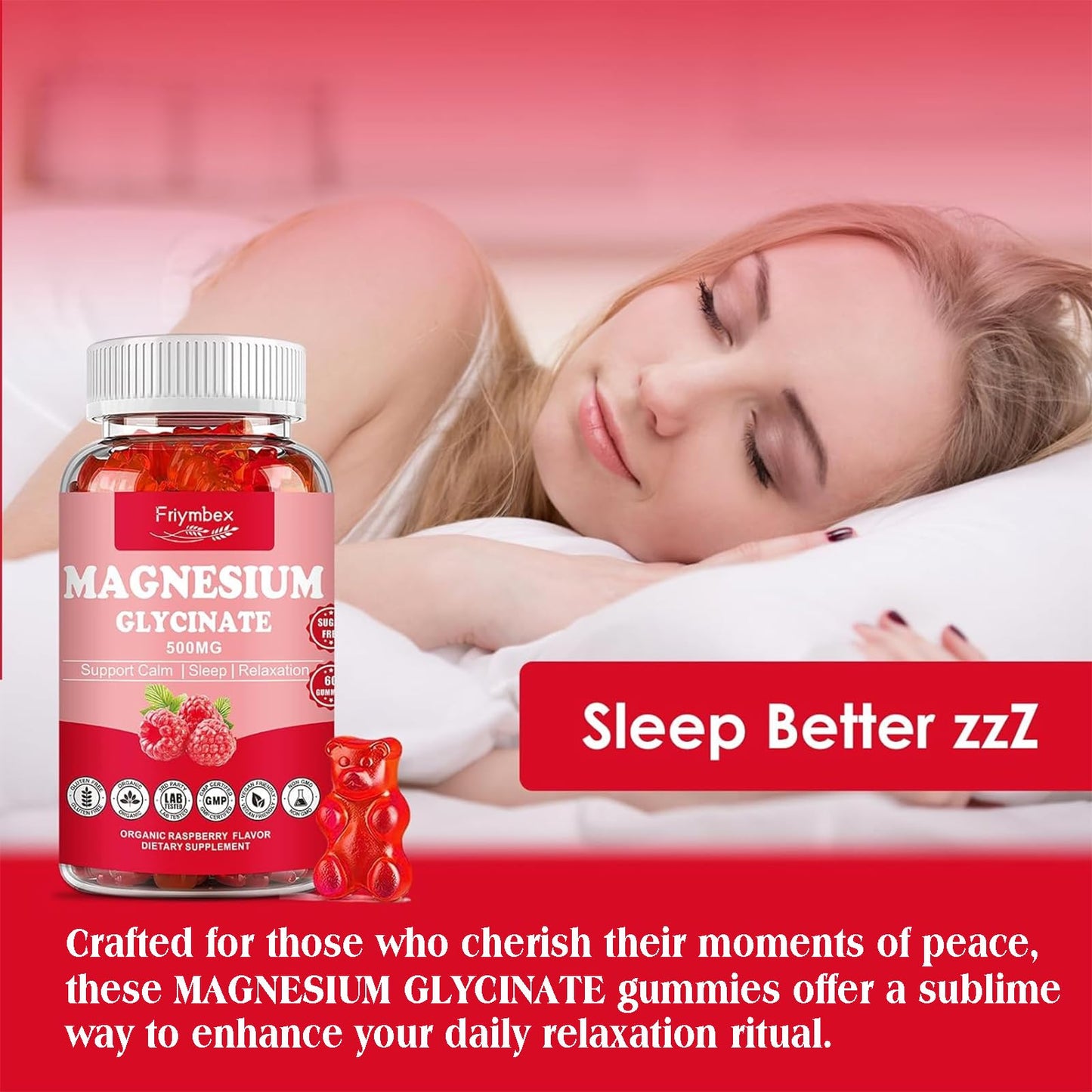 Magnesium Glycinate Gummies 500mg | Relaxation Calm Magnesium Gummies | Sugar-Free | Non-GMO | Gluten-Free