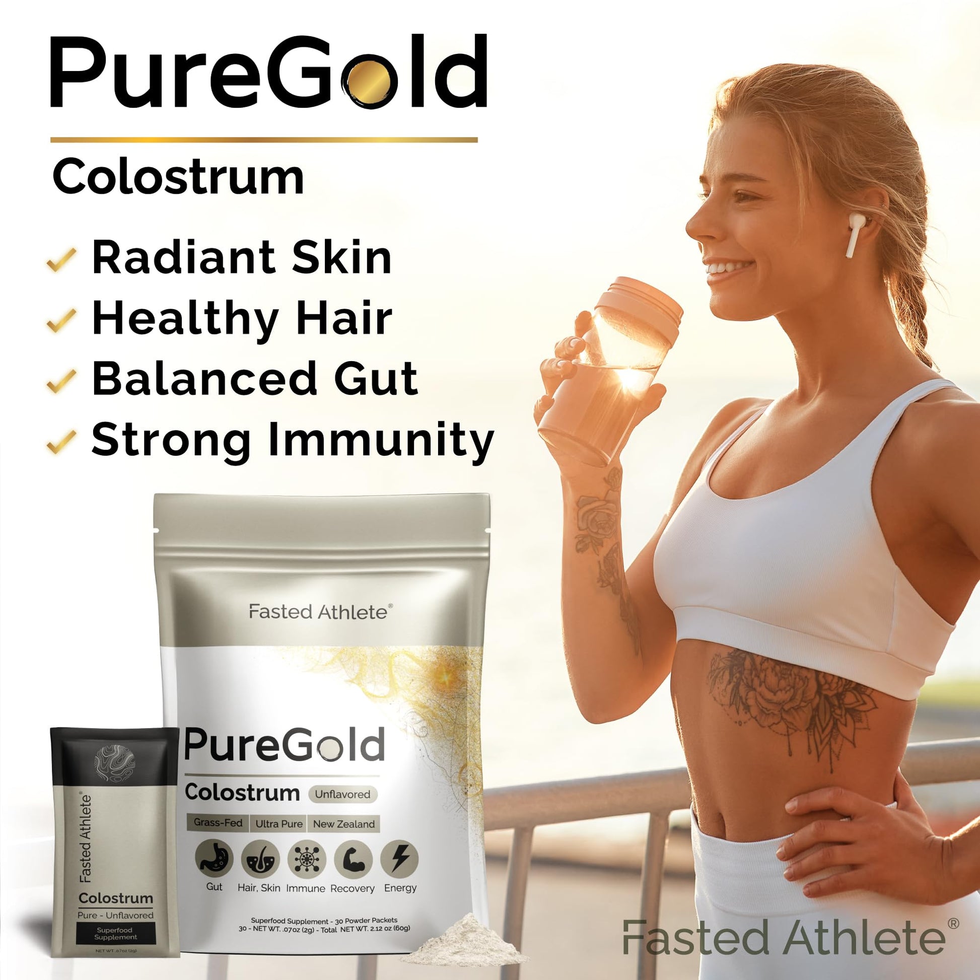 PureGold - Bovine Colostrum Powder - 100% Pure New Zealand Grass Fed, Supports Gut Health, Skin, Hair, & Immunity – Colostrum Supplement, Unflavored, 30 Travel Packets Fasted AthleteBuy Supplements Australia