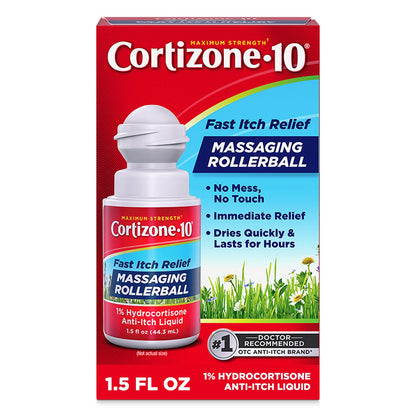 Cortizone-10 Maximum Strength Itch Relief Massaging Rollerball, 1% Hydrocortisone, Fast-Acting, Anti-Itch Liquid for Bug Bites, Rash, Eczema, Psoriasis, Poison Ivy, Oak, Sumac, 1.5 fl. oz Cortizone 10Buy Supplements Australia