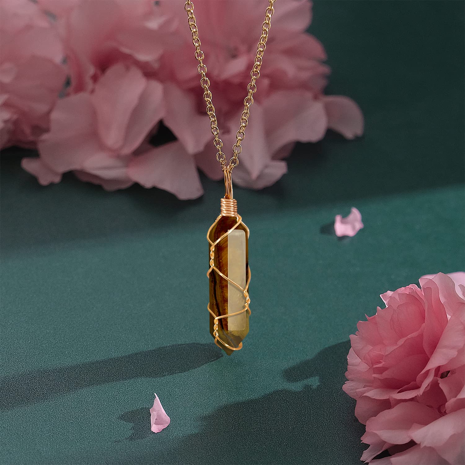 VIBILIA Healing Crystal Necklace Wire Wrapped Natural Tigerite Stone Point Pendant Necklace Hexagonal VIBILIABuy Supplements Australia