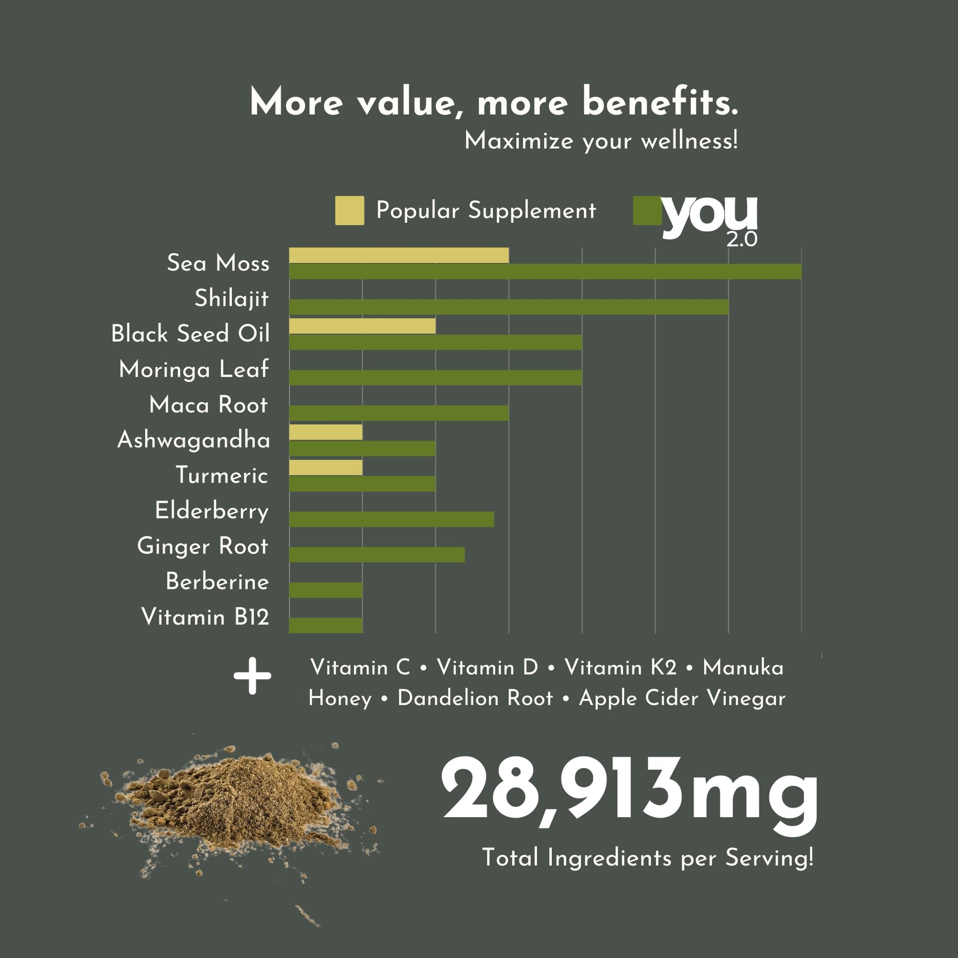 YOU 2.0 Powerhouse Superfood with Seamoss, Shilajit, Ashwagandha, Berberine, Maca, Black Seed Oil, Turmeric, Vitamin C, D, B12, K2 - Moringa, Apple Cider, Made in USA for Overall Health & Immunity YOU 2.0Buy Supplements Australia