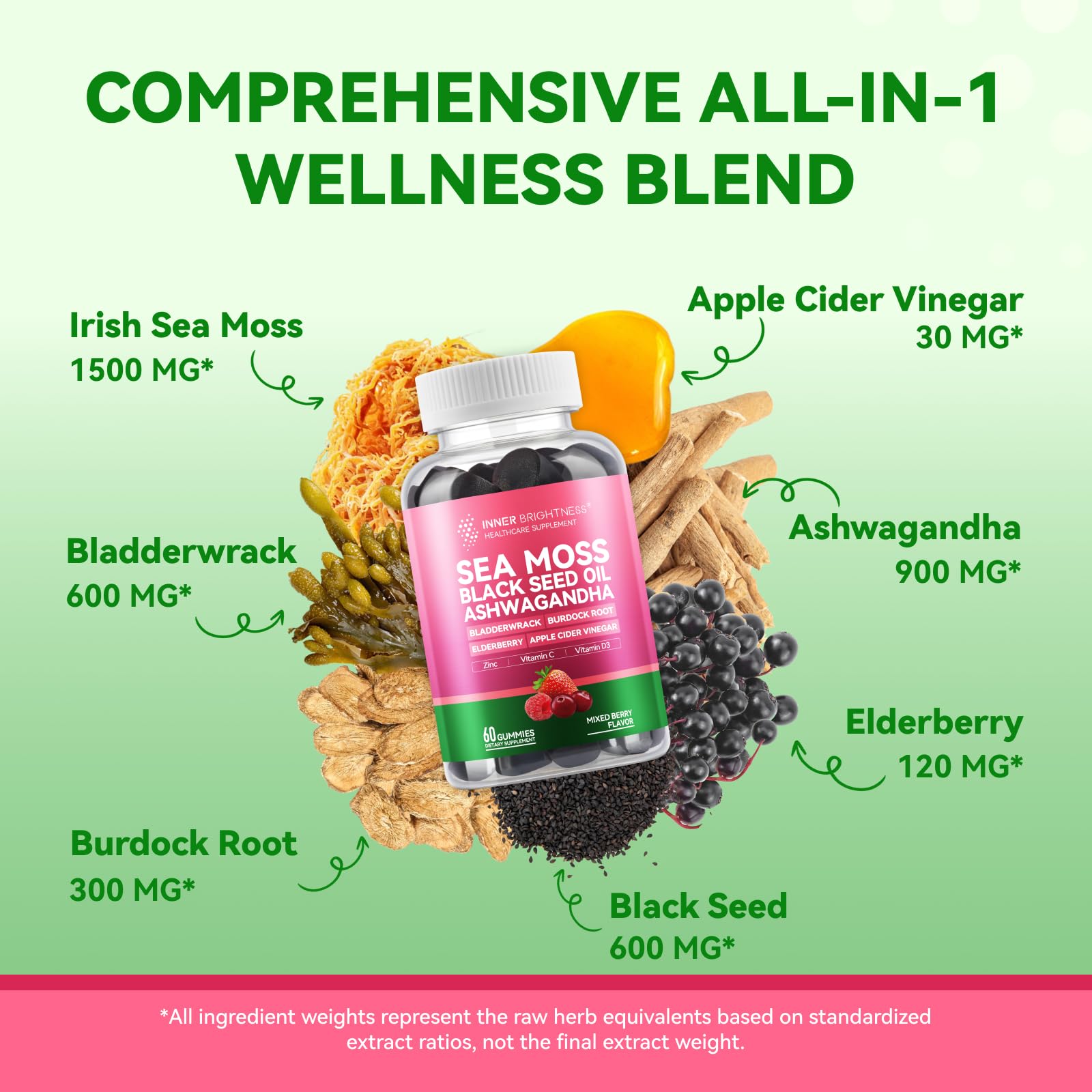 Inner Brightness Sea Moss 4000mg Gummies with Ashwagandha, Elderberry, Apple Cider Vinegar, Bladderwrack, Burdock Root – Immune Support – Mixed Berry Flavor – 60 Count Inner BrightnessBuy Supplements Australia