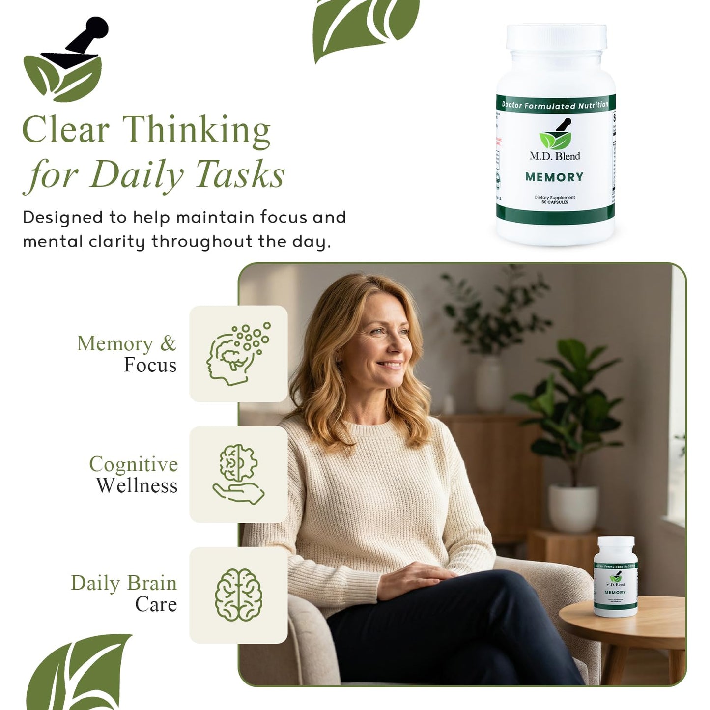 M.D. Blend Brain Support for Memory and Focus - Brain Supplement for Memory & Neural Function - Premium L-Tyrosine, Phosphatidylserine, Bacopa Monnieri Focus Supplement, 30 Capsules (Pack of 1) M.D. BlendBuy Supplements Australia