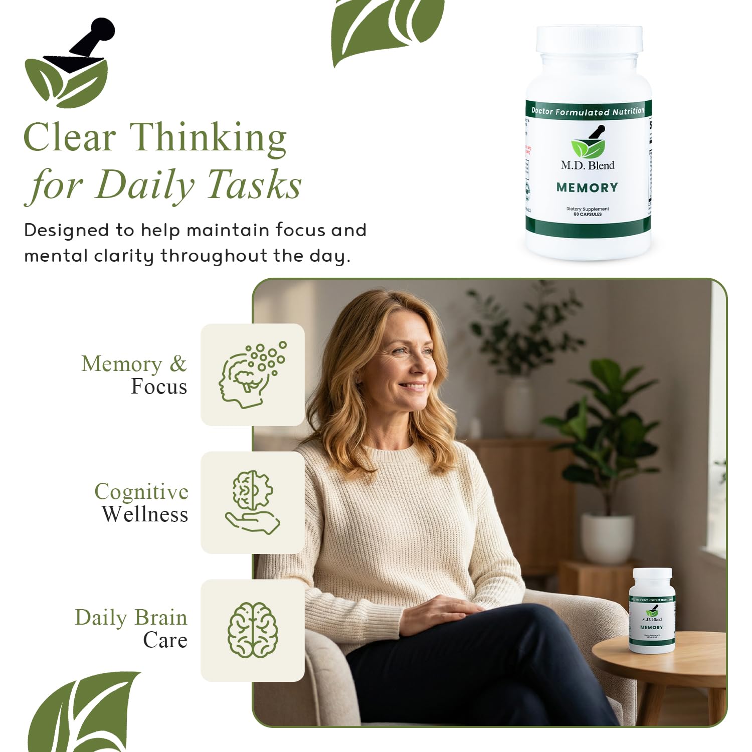 M.D. Blend Brain Support for Memory and Focus - Brain Supplement for Memory & Neural Function - Premium L-Tyrosine, Phosphatidylserine, Bacopa Monnieri Focus Supplement, 30 Capsules (Pack of 1) M.D. BlendBuy Supplements Australia