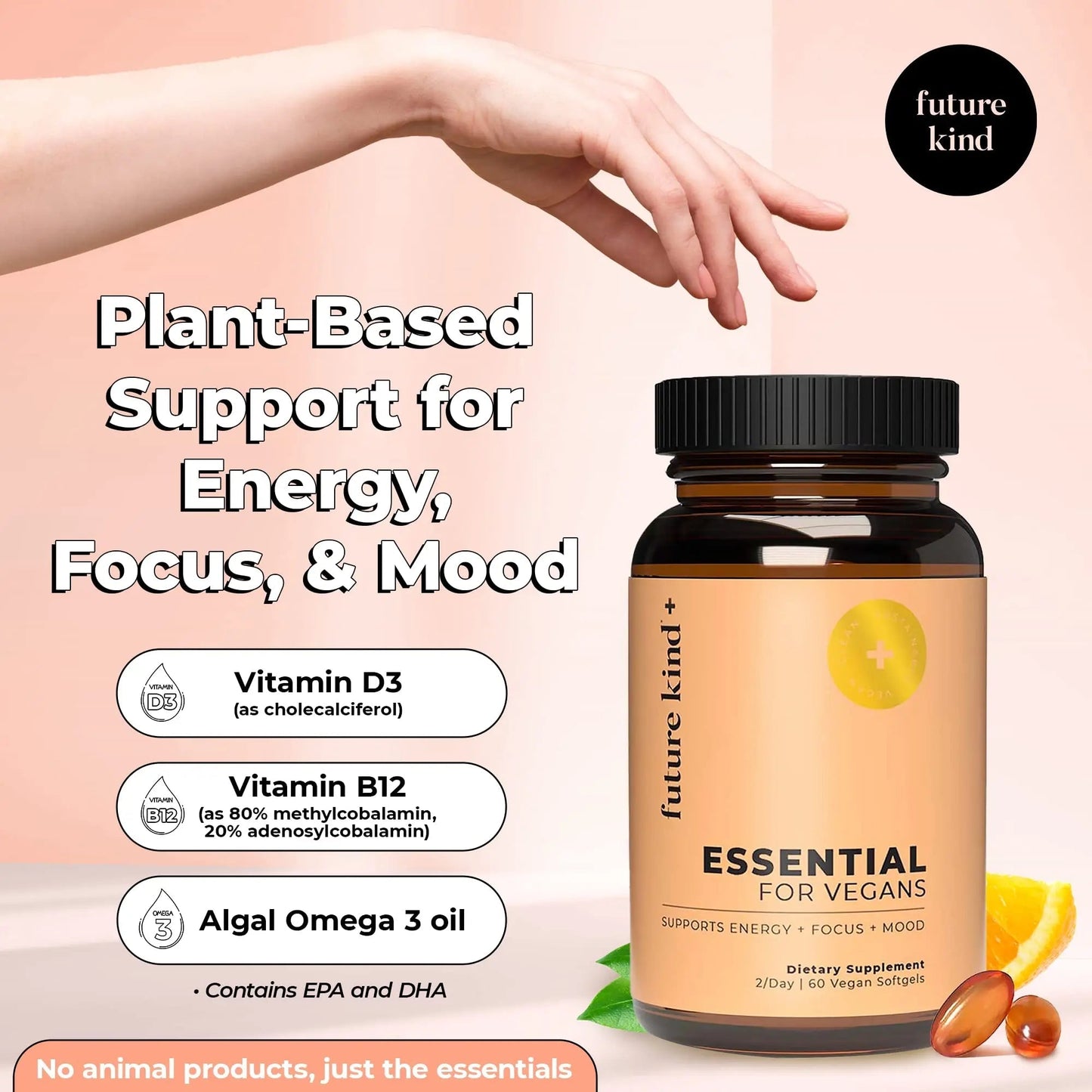 Future Kind Vegan Multivitamins - Glass Bottle & Made for Vegans with Omega 3 DHA, EPA, Vitamin B12 & D3 for Energy, Focus, & Mood (60 Softgels) Future KindBuy Supplements Australia