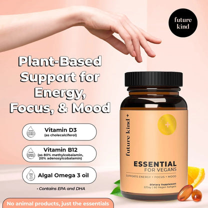 Future Kind Vegan Multivitamins - Glass Bottle & Made for Vegans with Omega 3 DHA, EPA, Vitamin B12 & D3 for Energy, Focus, & Mood (60 Softgels) Future KindBuy Supplements Australia