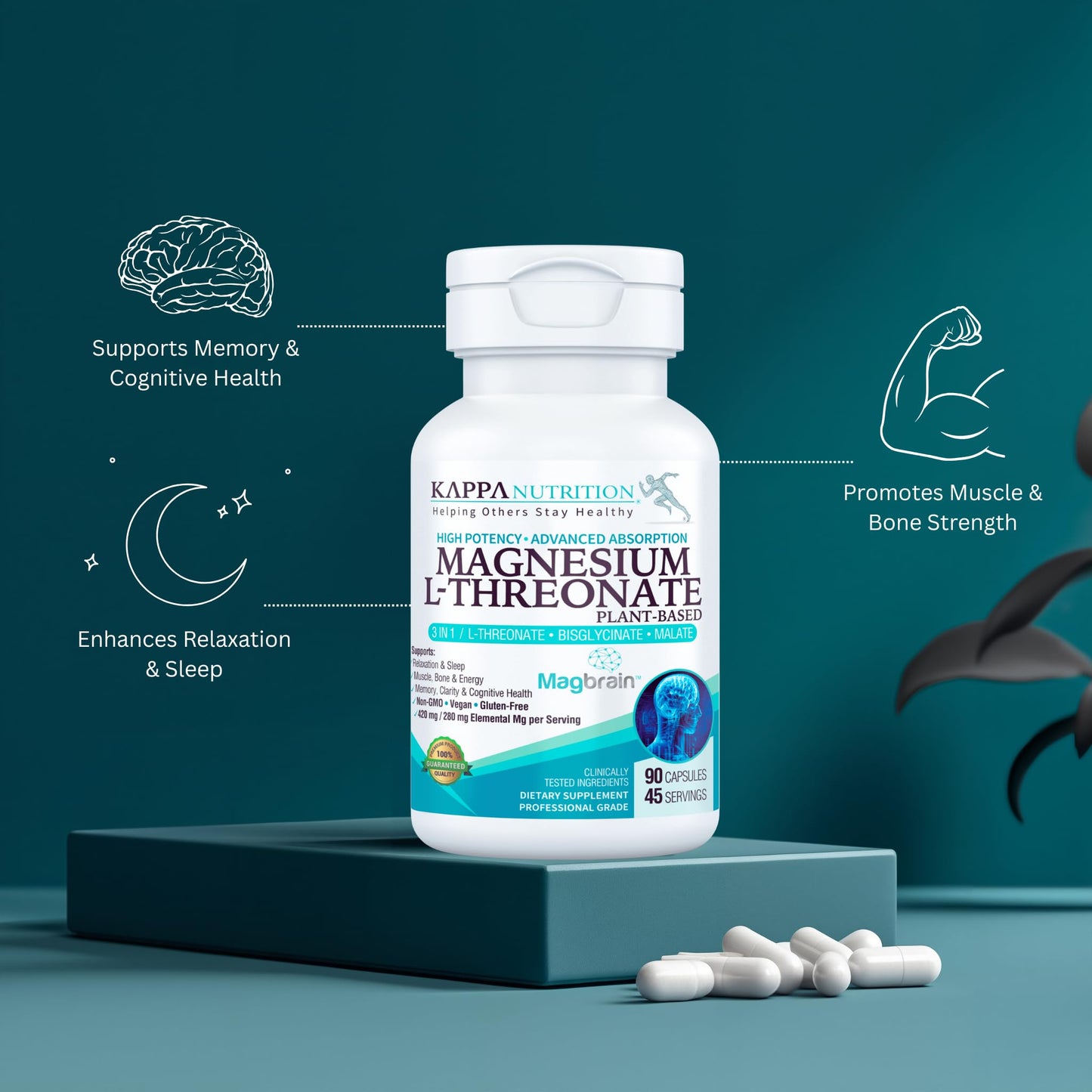 Kappa Nutrition Powered by Magbrain™ Magnesium L-Threonate Plant-Based, 90 Vegan Capsules, 420mg Elemental Magnesium (3 Capsules) from 2,253mg, Brain, Sleep & Muscle Support. KAPPA NUTRITIONBuy Supplements Australia