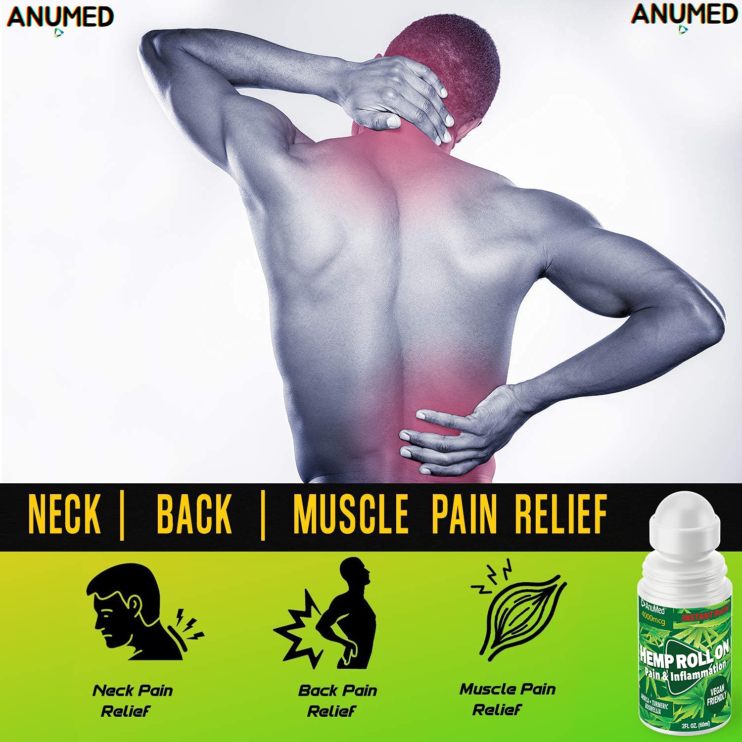ANUMED Hemp Roll-On 4000mg Pain Relief. Fast Acting, Long Lasting, Maximum Strength with Arnica + Turmeric for Anti-Inflammatory, Natural Recovery, Joint, Muscle, Nerve Pain Reliever 2 Packs of (1oz) AnuMed InternationalBuy Supplements Australia