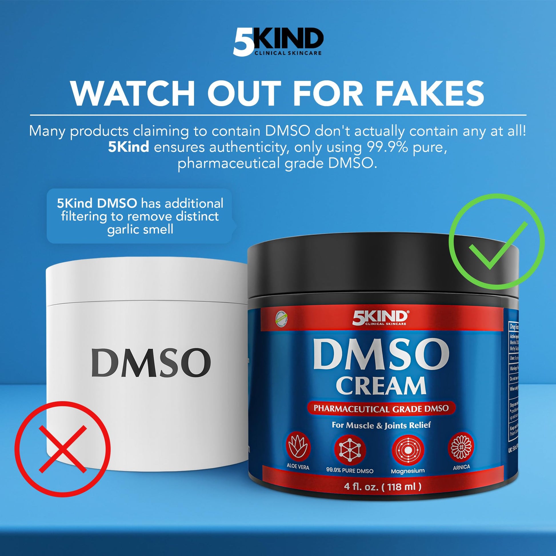 5Kind DMSO Cream for Pain Relief 4 fl oz - 99.9% Pure DMSO Pharmaceutical Grade Cream - Aloe Vera, Magnesium, Arnica & Menthol - Topical Muscle and Joint Pain Relief - Registered NDC - Made in USA 5kind clinical skincareBuy Supplements Australia