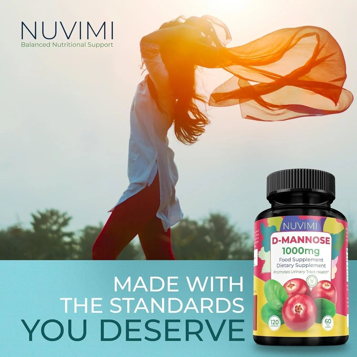 NUVIMI D Mannose 120 Capsules - 1000 mg per Dose - Dietary Supplement Helps Promote Urinary Tract Health - Natural Vegan UTI Defense NUVIMIBuy Supplements Australia
