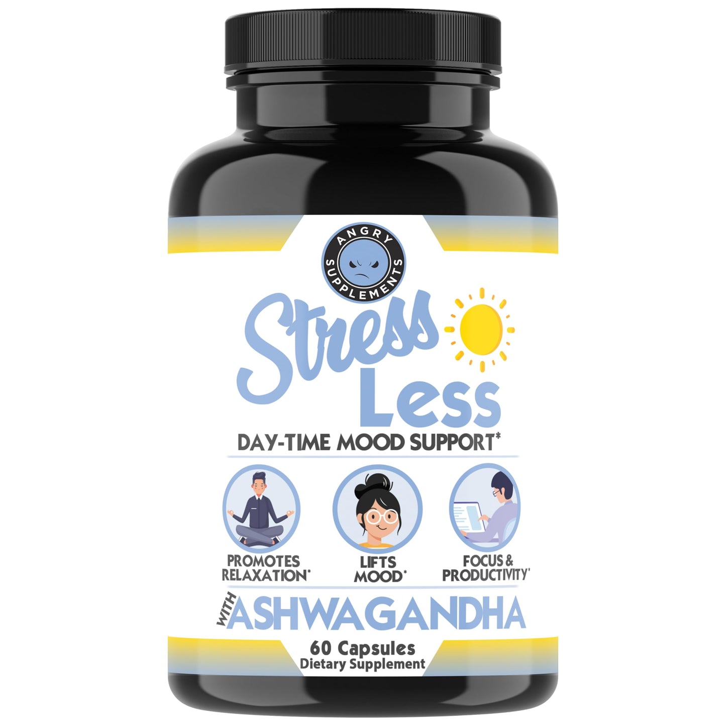 Angry Supplements Stress Less Day-Time Mood Support Pills – Natural Stress Relief with Ashwagandha, Rhodiola, L-Theanine, Magnesium & B Vitamins– Calm Focus & Mental Clarity – 60 Capsules (1-Bottle) Angry SupplementsBuy Supplements Australia