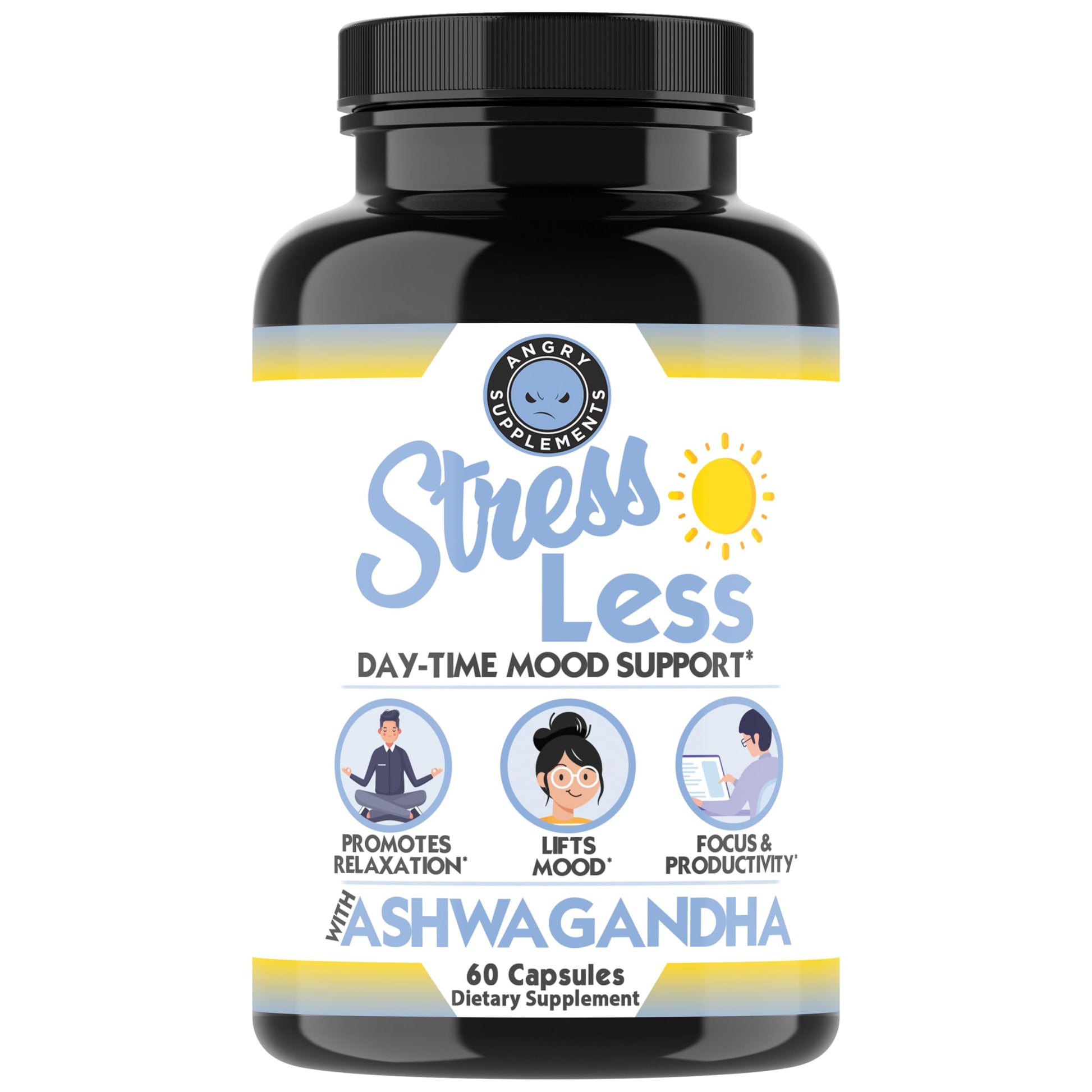 Angry Supplements Stress Less Day-Time Mood Support Pills – Natural Stress Relief with Ashwagandha, Rhodiola, L-Theanine, Magnesium & B Vitamins– Calm Focus & Mental Clarity – 60 Capsules (1-Bottle) Angry SupplementsBuy Supplements Australia