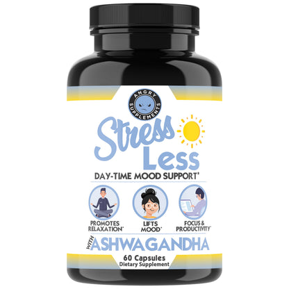 Angry Supplements Stress Less Day-Time Mood Support Pills – Natural Stress Relief with Ashwagandha, Rhodiola, L-Theanine, Magnesium & B Vitamins– Calm Focus & Mental Clarity – 60 Capsules (1-Bottle) Angry SupplementsBuy Supplements Australia