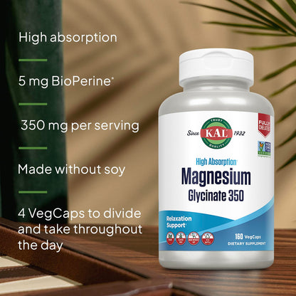 KAL Magnesium Glycinate Capsules, Fully Chelated Magnesium Bisglycinate, High Absorption Magnesium Supplement, Healthy Bones, Muscle,