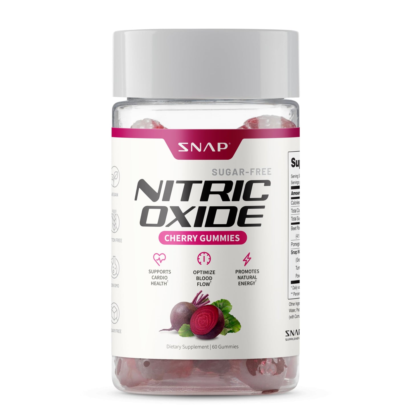 Snap Supplements Nitric Oxide Gummies - Beet Root Extract 300mg, Sugar Free Beetroot Supplement with Pomegranate Powder for Circulation & Natural Energy, 60 Vegan Gummies, Cherry Flavor Snap SupplementsBuy Supplements Australia