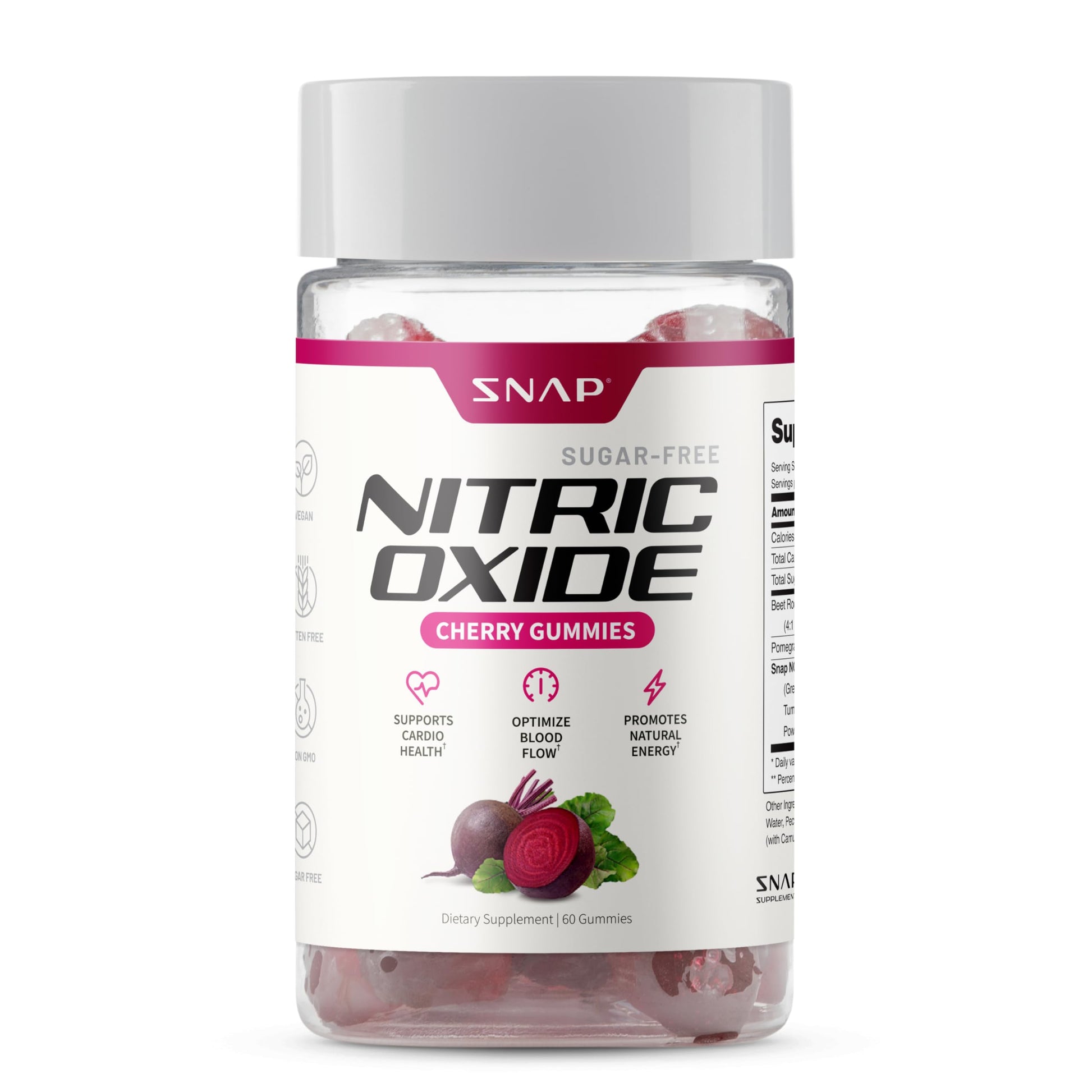 Snap Supplements Nitric Oxide Gummies - Beet Root Extract 300mg, Sugar Free Beetroot Supplement with Pomegranate Powder for Circulation & Natural Energy, 60 Vegan Gummies, Cherry Flavor Snap SupplementsBuy Supplements Australia