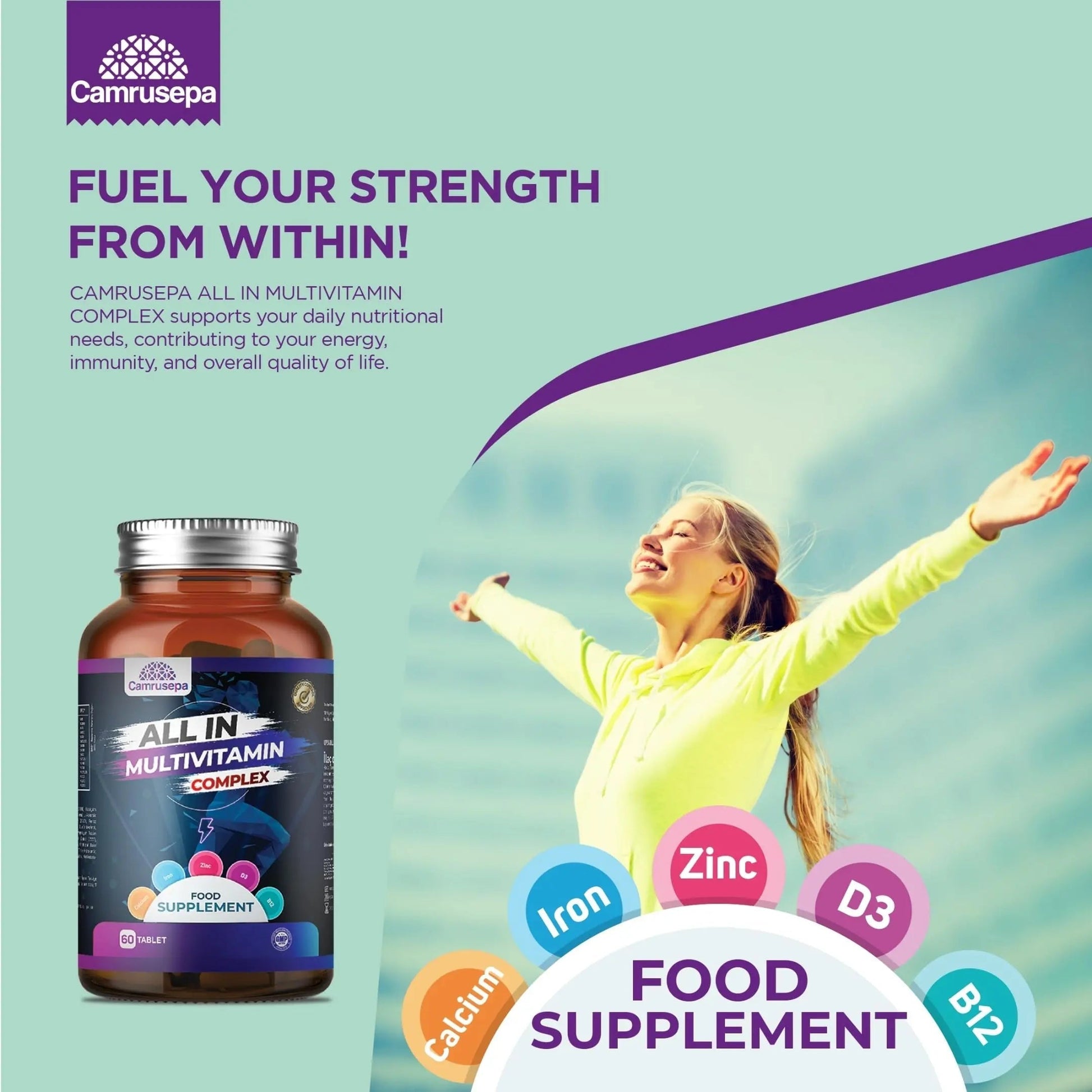 CAMRUSEPA All in Multivitamin Complex – Daily Tablet with Calcium, Iron, Zinc, Vitamin C, B Complex, D3, E, A & More – Complete Daily Nutritional Support for Adults CamrusepaBuy Supplements Australia