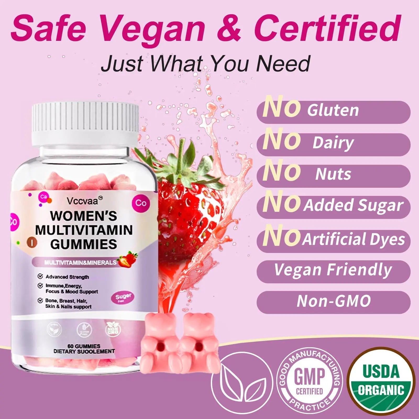 Vccvaa Sugar Free Multivitamin Gummies for Women 14+ with Iron, Inositol, Folate, Vitamins A C D3 E B12 K2, Herbal & Mineral Blend VccvaaBuy Supplements Australia