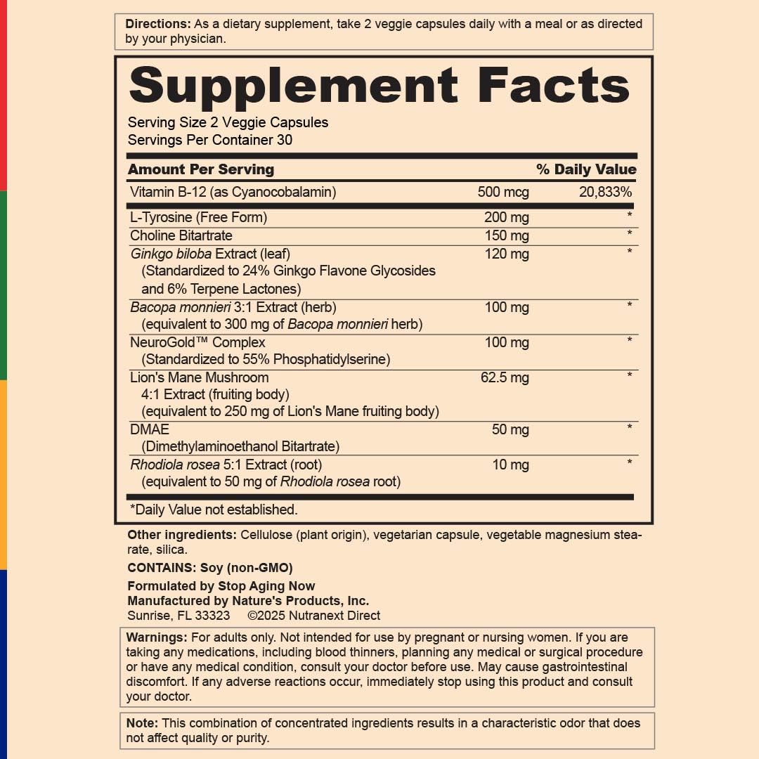 Stop Aging Now - Brain Supplement Complex - with Ginkgo Biloba, Lion's Mane, Bacopa, and DMAE - 60 Vegetarian Capsules - Advanced Blend Stop Aging NowBuy Supplements Australia