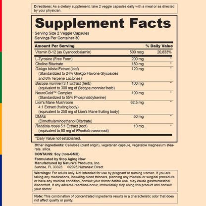 Stop Aging Now - Brain Supplement Complex - with Ginkgo Biloba, Lion's Mane, Bacopa, and DMAE - 60 Vegetarian Capsules - Advanced Blend Stop Aging NowBuy Supplements Australia