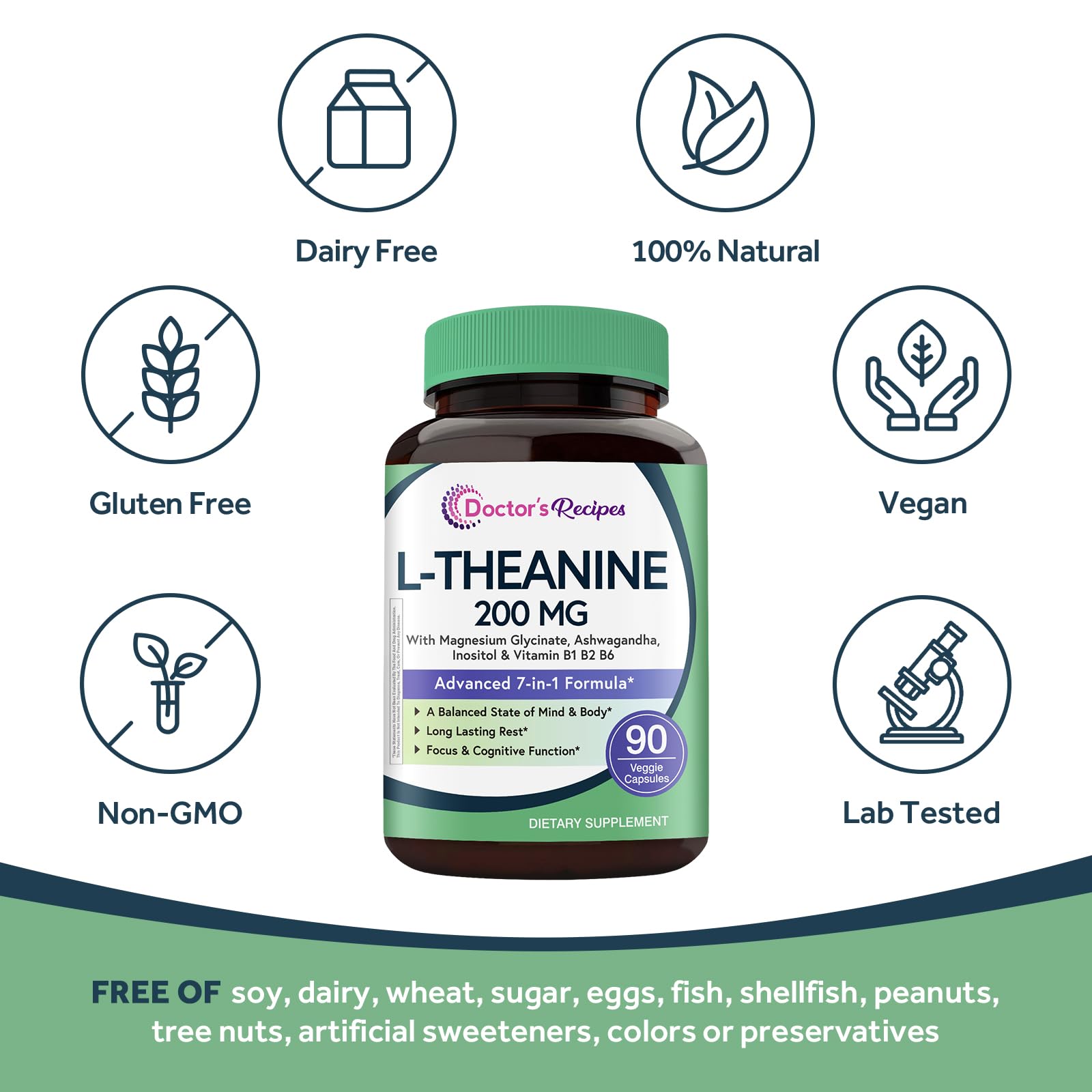 Doctor's Recipes L-Theanine 200 mg, Magnesium Glycinate, Ashwagandha, Inositol, Vitamin B6 B1 B2, Calm Relaxation Mood Cortisol Manager Nerve Focus Sleep Aid Quality No Drowsiness, Vegan, 90 Capsules Doctor's RecipesBuy Supplements Australia