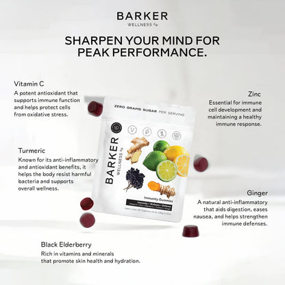 Barker Wellness Immunity Gummies with Vitamin C, Zinc, Elderberry, Turmeric & Ginger for Daily Immune Support | Vegan, Sugar-Free, Lemon-Lime Flavor | Seasonal Wellness Essentials, 60 Count Barker Wellness CoBuy Supplements Australia