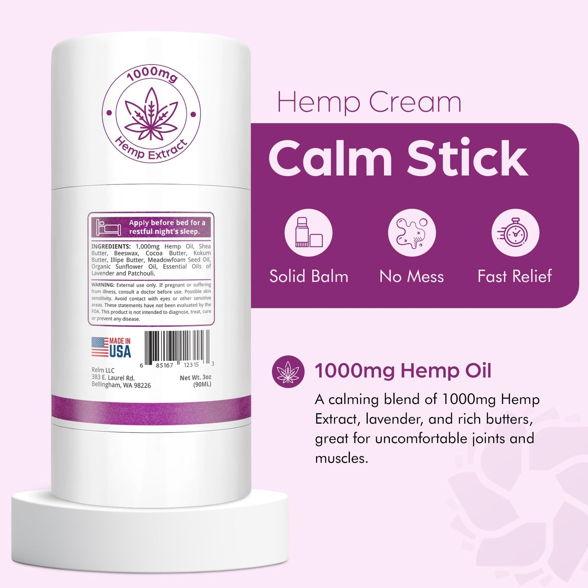 Relm Wellness Hemp Cream Relief - Maximum Strength Oil Roll On - Lavender Essential Oil - 1000mg Hemp - Nighttime Calming Creme | Great for sore Knee, Back, Joints and Muscles | Solid Lotion Balm Relm WellnessBuy Supplements Australia