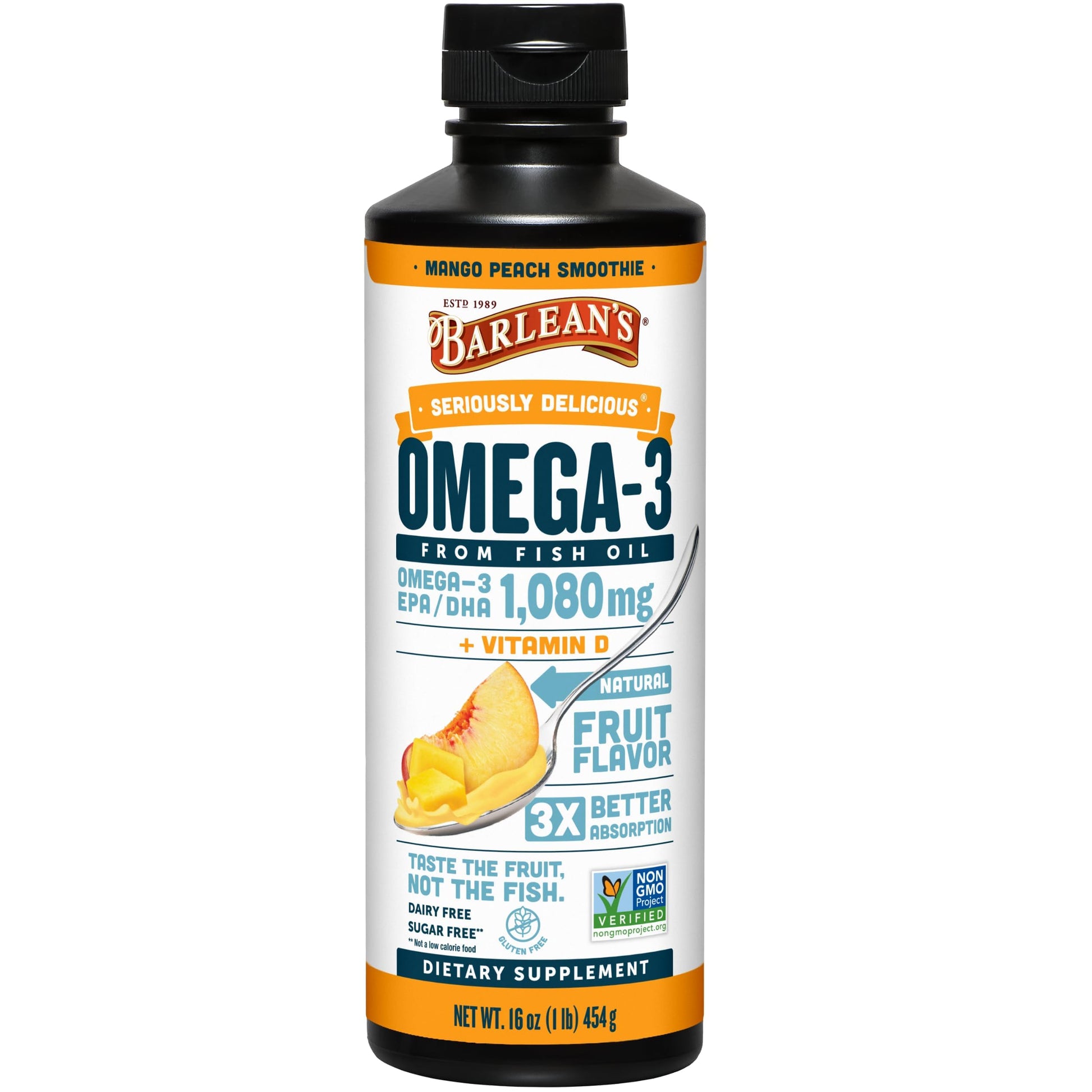 Barlean's Omega 3 Fish Oil Liquid Supplement with Vitamin D for Men and Women, 1080mg of EPA and DHA Fatty Acid, Promotes Brain & Heart Health - Non-GMO, Mango Peach, 16 oz Barlean'sBuy Supplements Australia