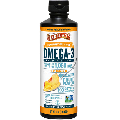 Barlean's Omega 3 Fish Oil Liquid Supplement with Vitamin D for Men and Women, 1080mg of EPA and DHA Fatty Acid, Promotes Brain & Heart Health - Non-GMO, Mango Peach, 16 oz Barlean'sBuy Supplements Australia