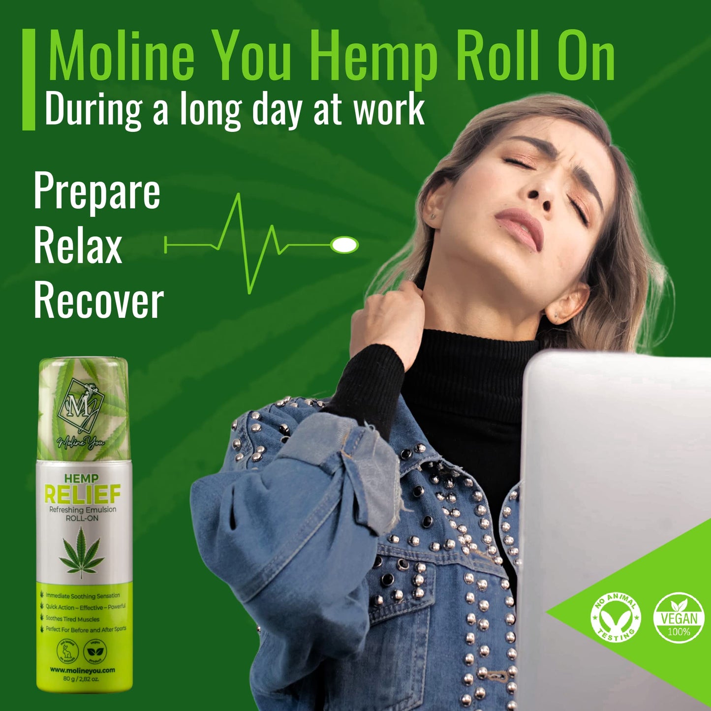 Moline You Natural Powerful Hemp Roll On, for Joint & Muscle Discomfort, Back, Neck, Knee, Shoulders HIPS. Formula with Hemp Oil Extract, Arnica, Menthol (Roll On 3 oz) Moline YouBuy Supplements Australia