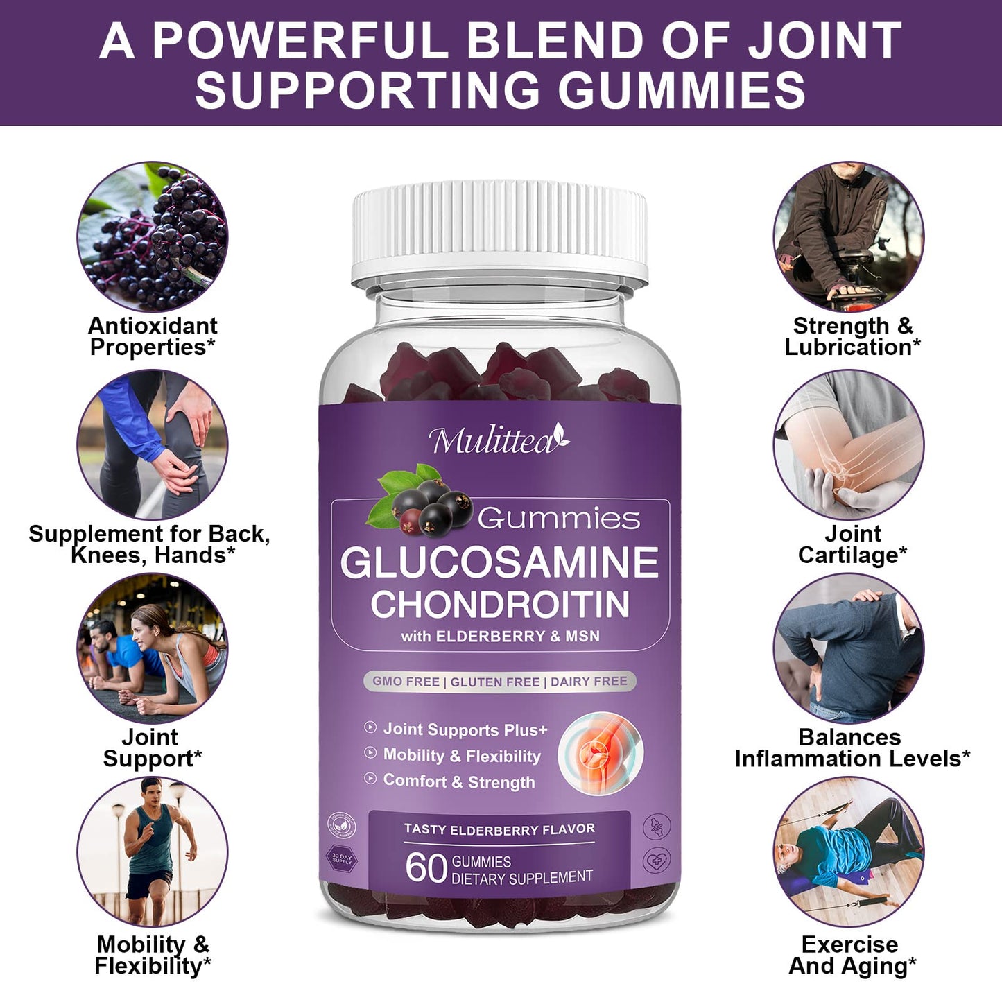 Mulittea Glucosamine Chondroitin Gummies - Extra Strength Joint Support Supplement with MSM & Elderberry for Natural Joint, Antioxidant Immune Support for Adults, Men & Women-(2 Pack) MulitteaBuy Supplements Australia