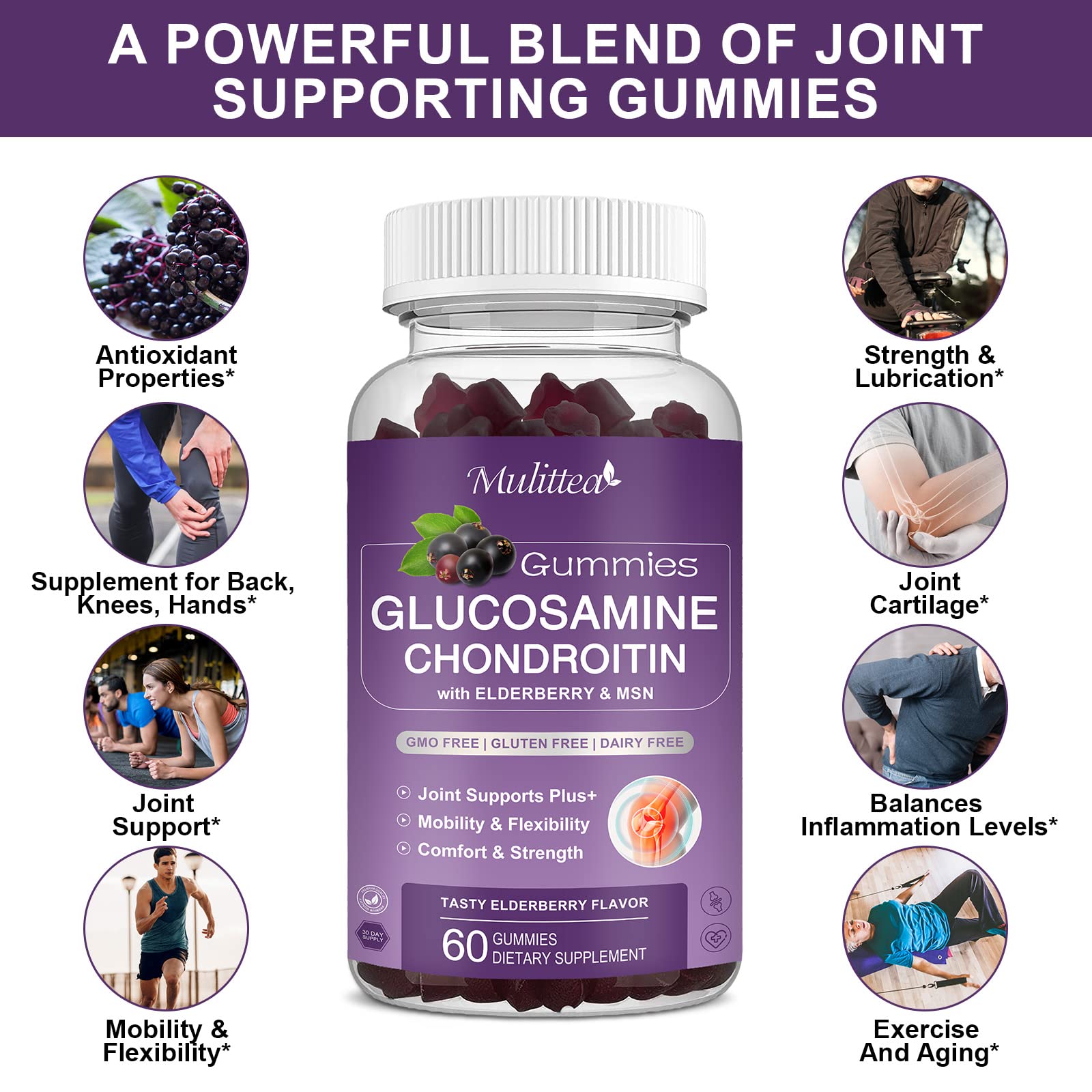 Mulittea Glucosamine Chondroitin Gummies - Extra Strength Joint Support Supplement with MSM & Elderberry for Natural Joint, Antioxidant Immune Support for Adults, Men & Women-(2 Pack) MulitteaBuy Supplements Australia