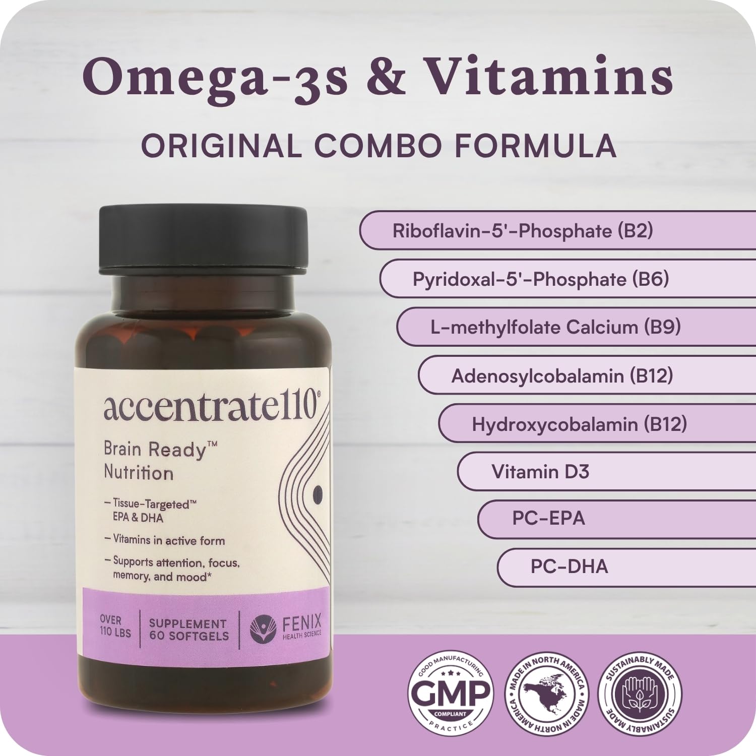 Accentrate110 - Focus Supplement - Methylated Vitamin B Complex with Omega 3 Fatty Acid Supplement - L-Methylfolate, Vitamin B12, P-5-P, Riboflavin, VIT D, – 60 Softgels (1 Month Supply) AccentrateBuy Supplements Australia