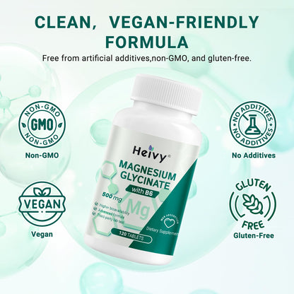 Heivy Pure Magnesium Glycinate 500mg with Vitamin B6, 100% Chelated & Purified Supports Nerve Relife, Sleep Aid & Muscle Support, Vegan & Non-GMO, Made in USA, 3rd Party Tested, 120 Tablets HeivyBuy Supplements Australia