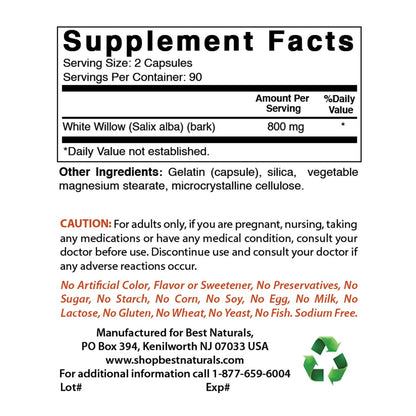 Best Naturals White Willow Bark 400 mg 180 Capsules (180 Count (Pack of 2)) Best NaturalsBuy Supplements Australia