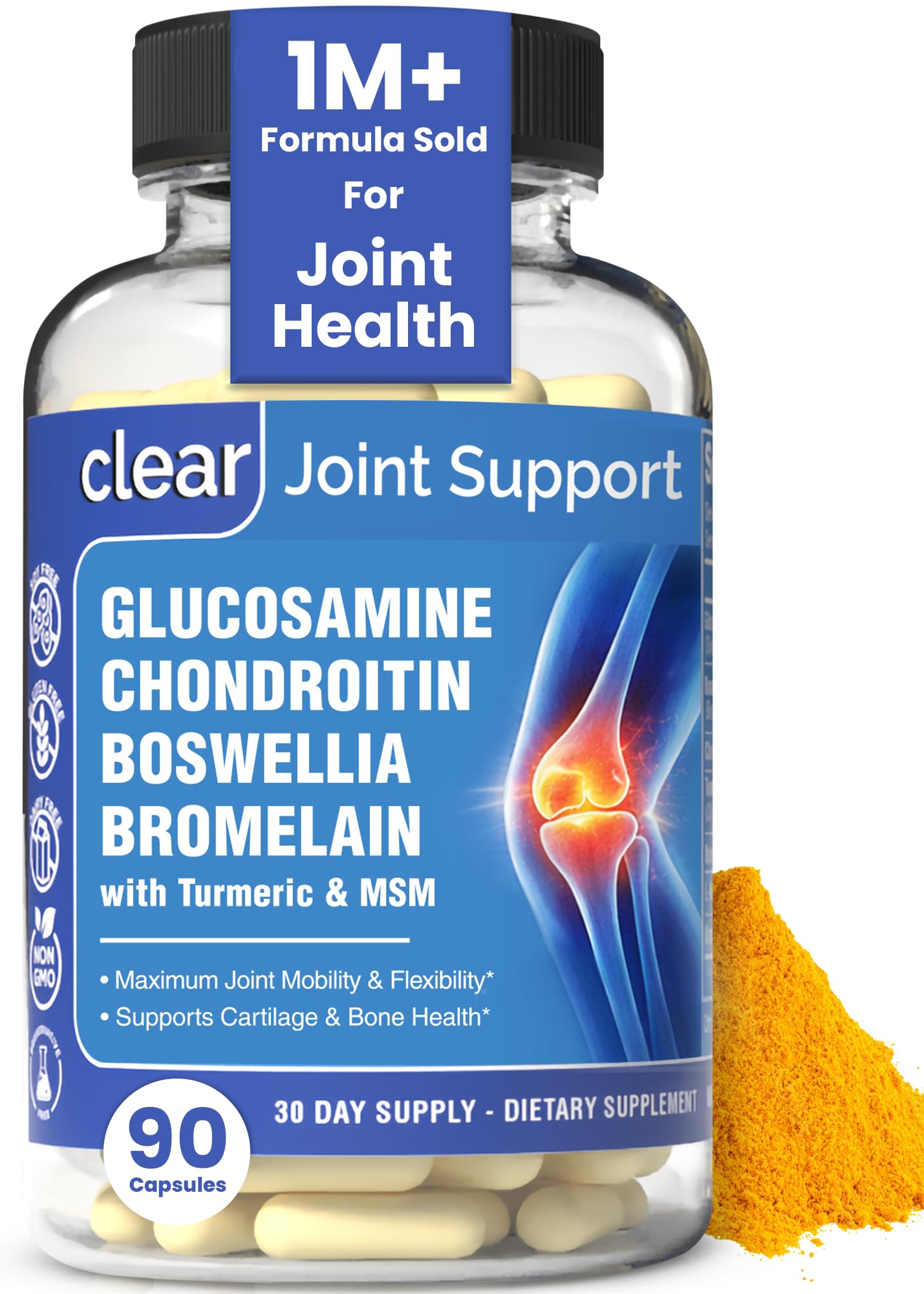 Clear Joint Support - 1500mg Glucosamine Chondroitin MSM - 8 in 1 Joint Health Supplement with Turmeric and Boswellia for Men & Women, Knee, Hip & Back Support, Made in USA, 90 Capsules Clear ProbioticsBuy Supplements Australia