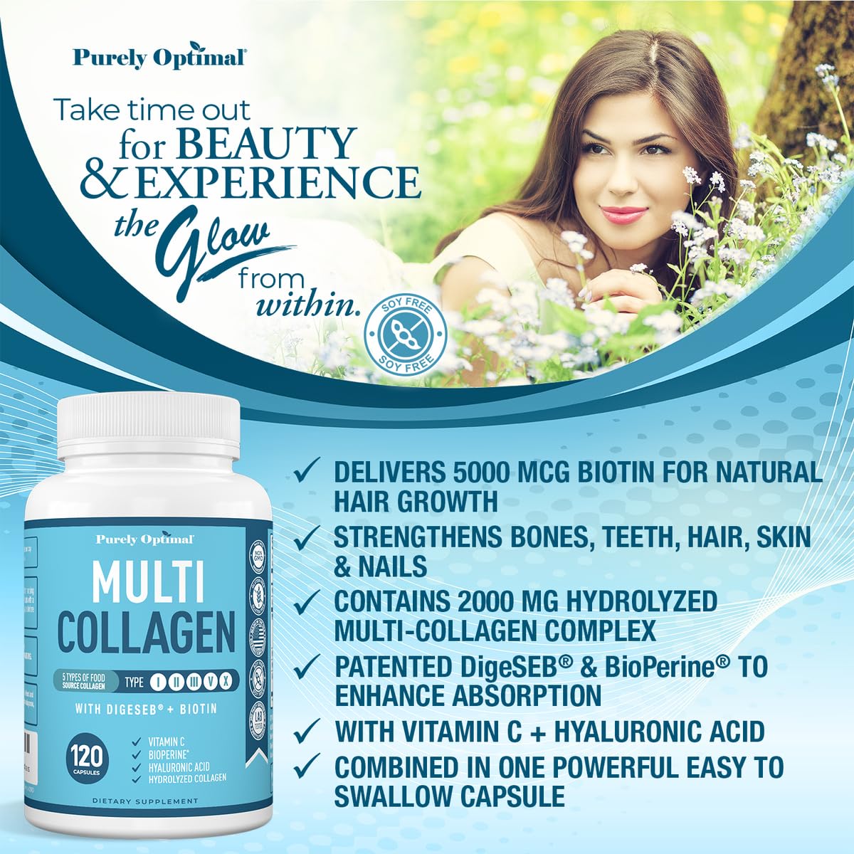 Premium Multi Collagen Peptides (Types I, II, II, V, X) - Collagen Pills for Skin Care, Hair Growth, Nails & Joints - Vitamin C, Hyaluronic Acid